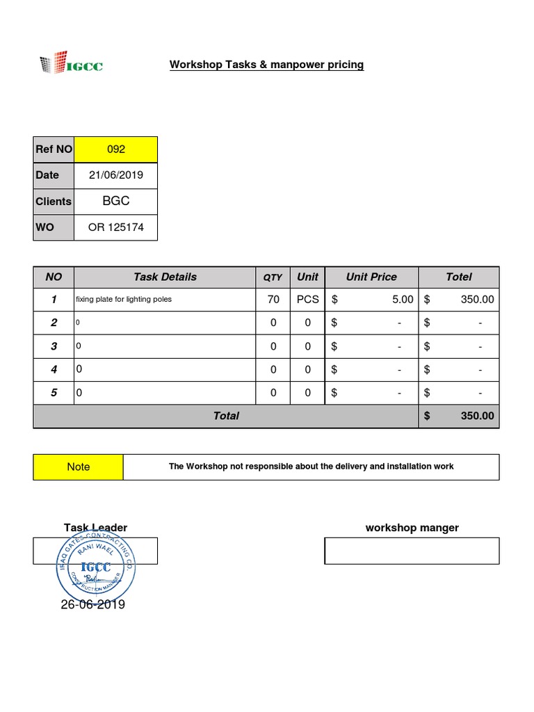 Workshop Tasks Manpower Pricing No Qty Unit Unit Price Totel 1 2 3 4