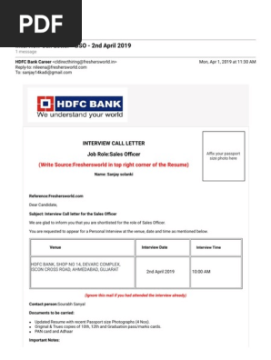 Hdfc Interview Call Letter Bso 2nd April 2019