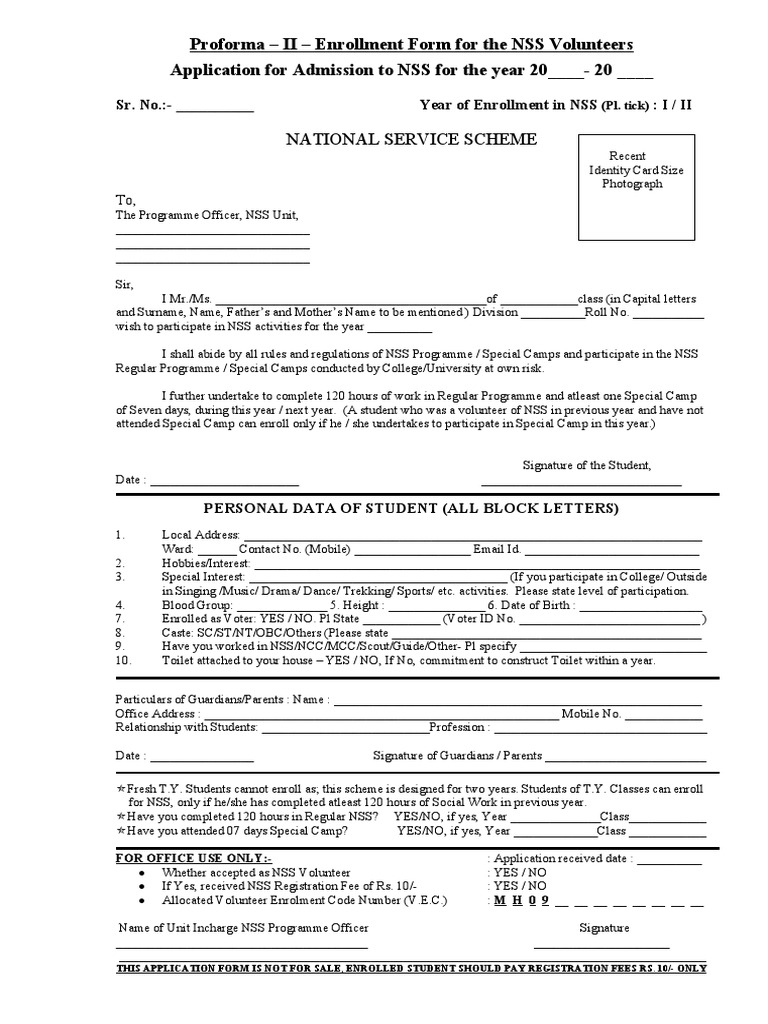 NSS Volunteer Enrollment Form | PDF | Government