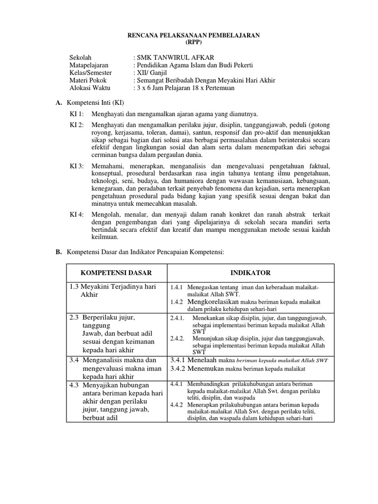 Rpp Semangat Beribadah Dengan Meyakini Hari Akhir Docx