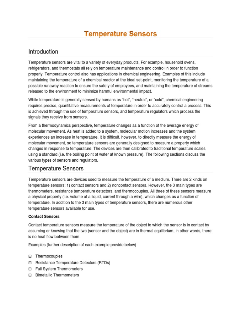Overview of Temperature Sensors | PDF | Thermocouple | Thermometer