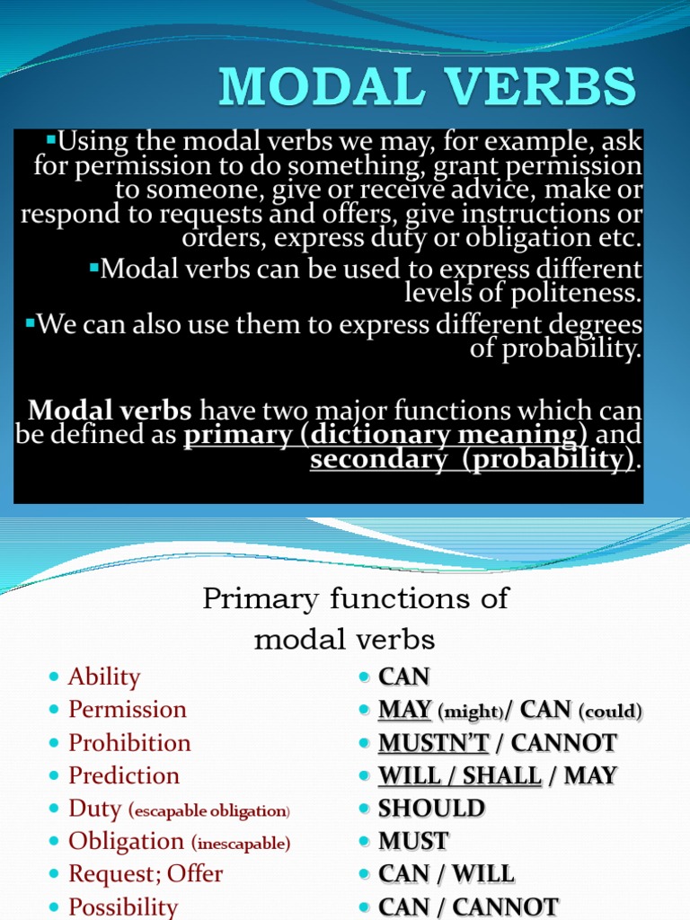 Modal Verbs Have Two Major Functions Which Can Secondary Probability Verb Onomastics