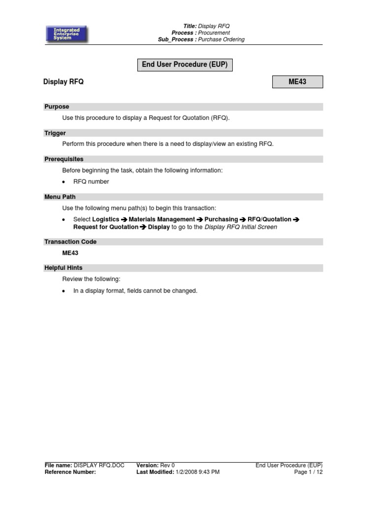 End User Procedure (EUP) Display RFQ ME43: Purpose | PDF | Icon ...
