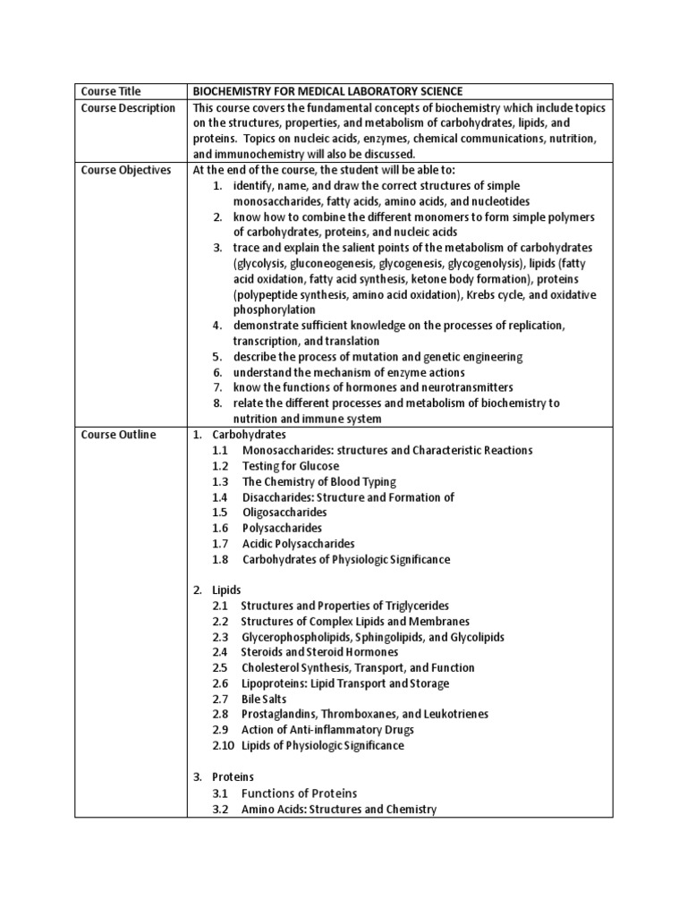 Biochemistry For Medical Laboratory Science Course Outline 2018 PDF