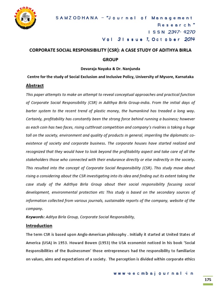 Corporate Social Responsibility (CSR) : A Case Study of Adithya Birla ...