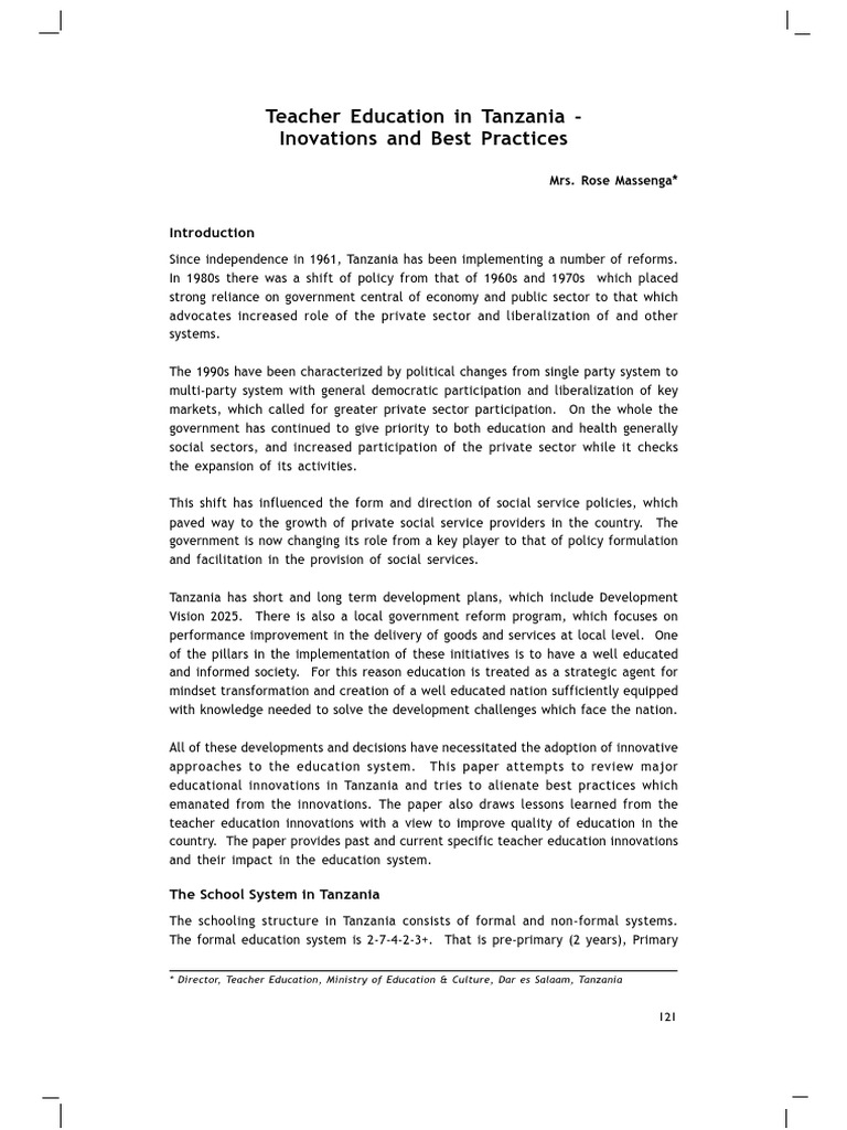 Teacher Education Innovations in Tanzania | PDF | Teacher Education ...