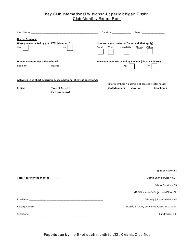 Key Club Monthly Report Form Template | PDF | Career & Growth | Business