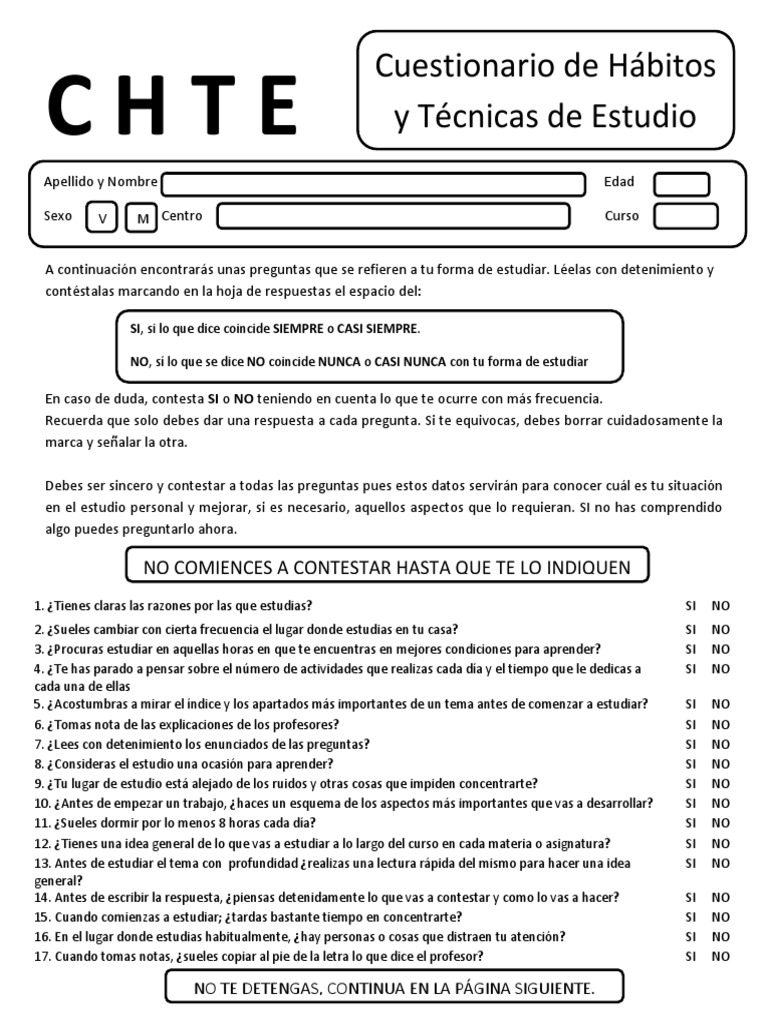 Cuestionario de Hábitos de Estudio | PDF | Agitación