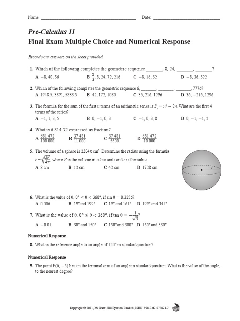 PC 11 Final Exam Review Multiple Choice | PDF | Area | Volume