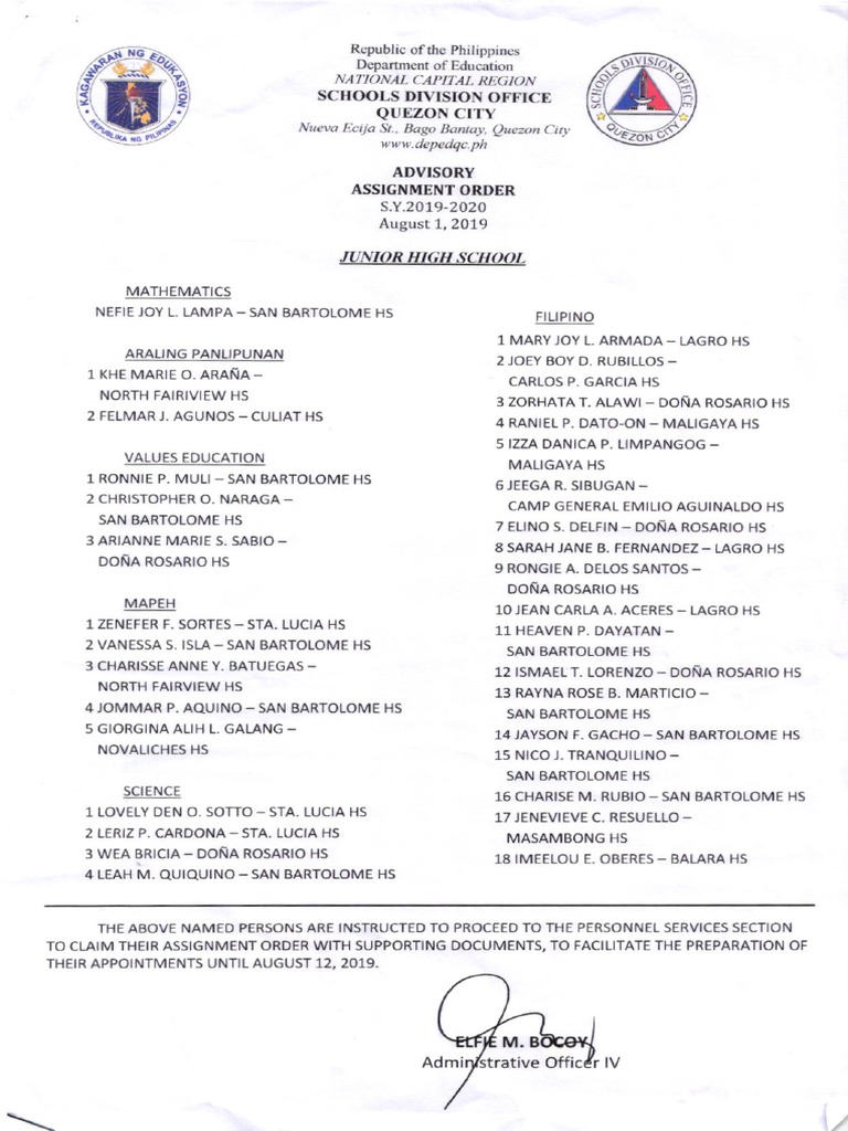 Assignment Orders for Junior High Teachers | PDF | Philippines