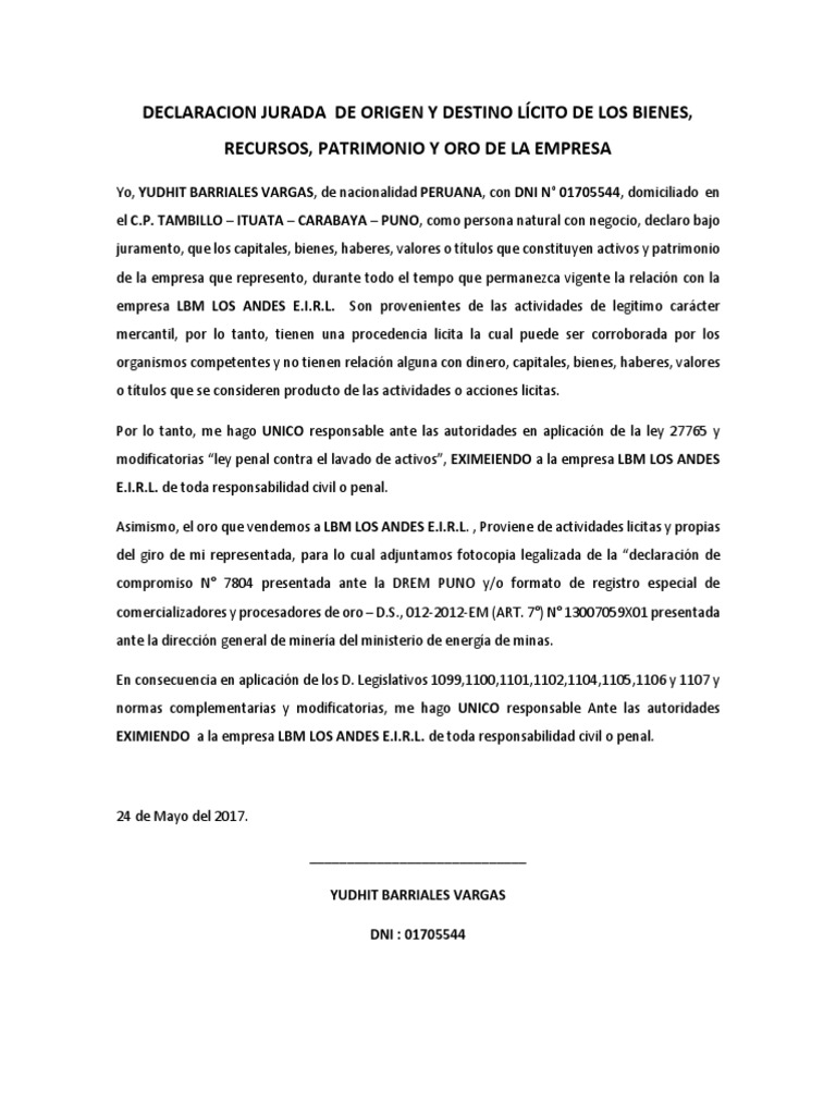 Declaración de Origen Lícito de Bienes | PDF