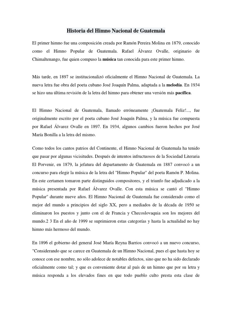 Historia Del Himno Nacional de Guatemala | PDF | Canciones patrióticas ...