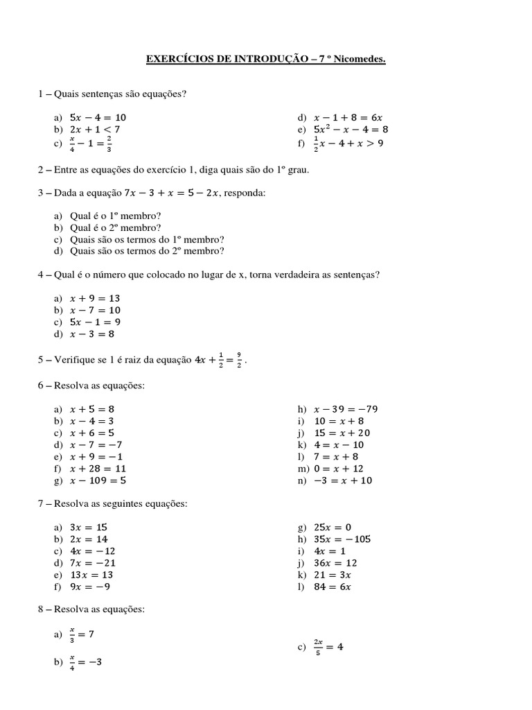 Equacao Do 1 Grau Exercicios | PDF | Equações | Objetos Matemáticos