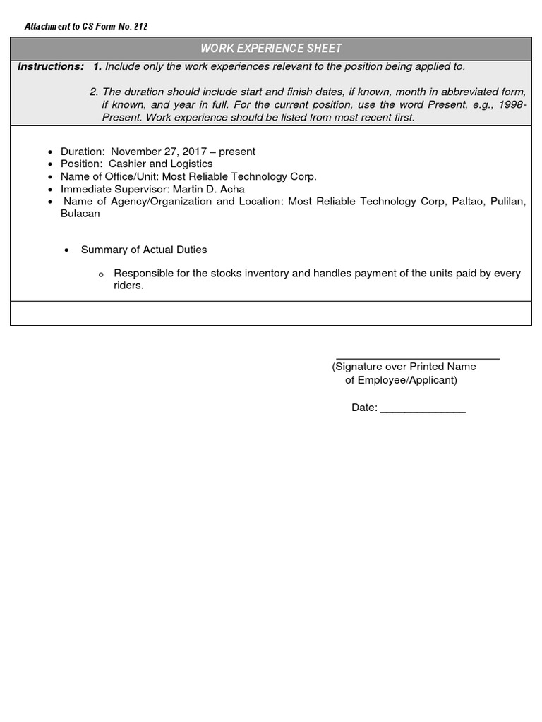 ANNEX C CS Form No212 Attachment Work Experience Sheet PDF