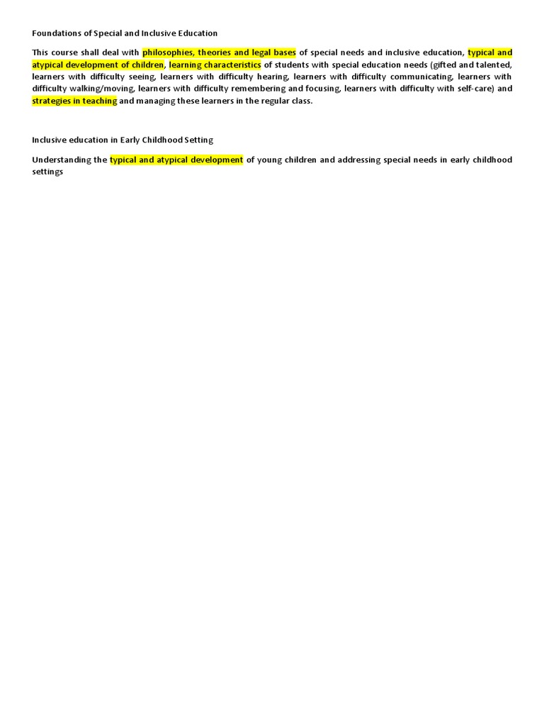 COURSE TITLE Foundations of Special and Inclusive Education | PDF ...