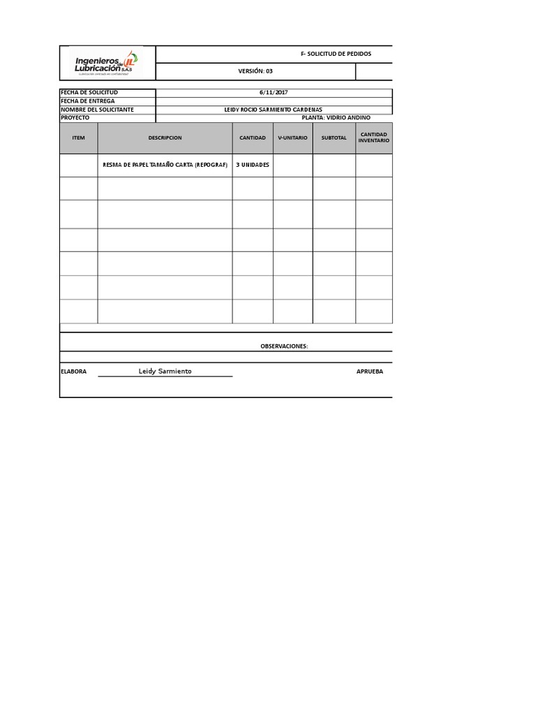 formato solicitud de pedido Business