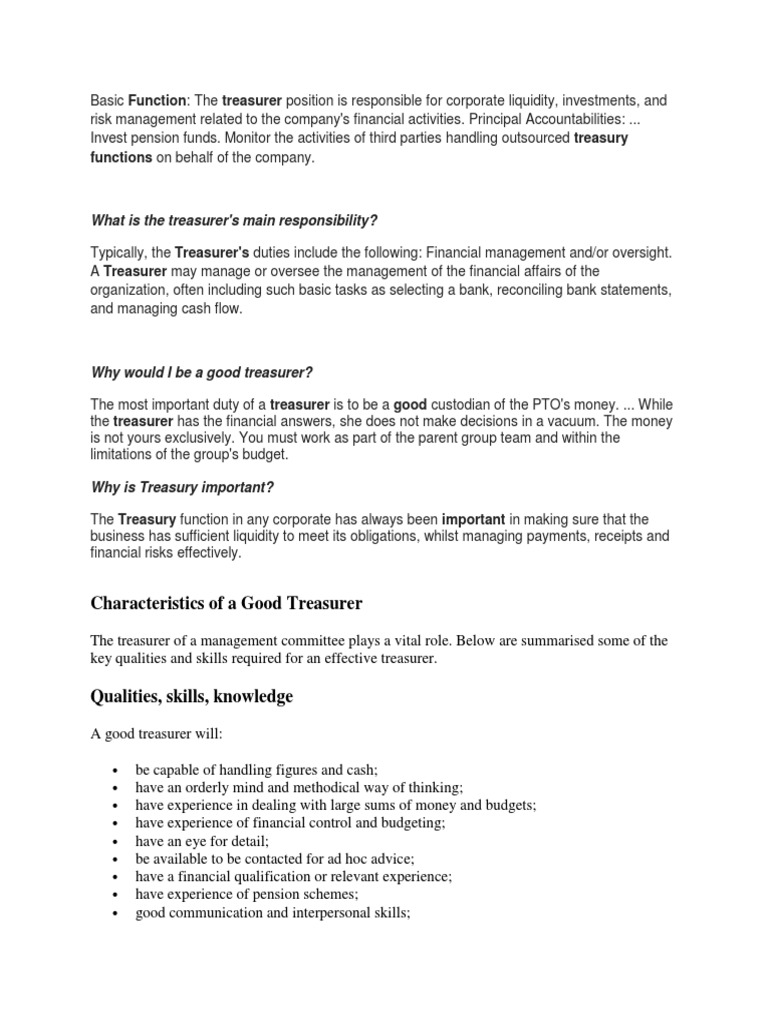 Treasurer Roles and Responsibilities Guide | PDF | Banks | Pension