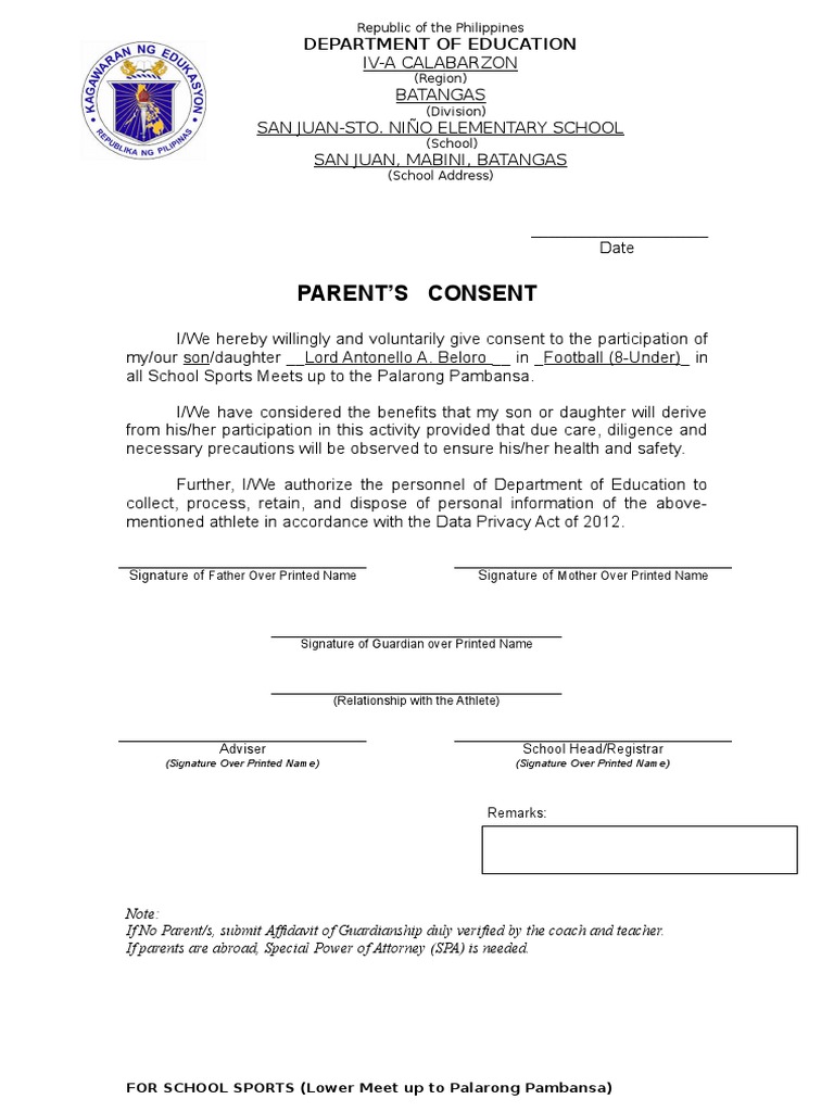 Parent Consent for School Sports Participation | PDF