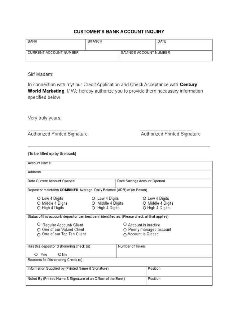 Bank Account Inquiry Authorization Form | PDF | Finance & Money ...