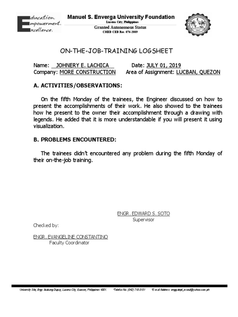 On-The-Job-Training Logsheet: Manuel S. Enverga University Foundation ...