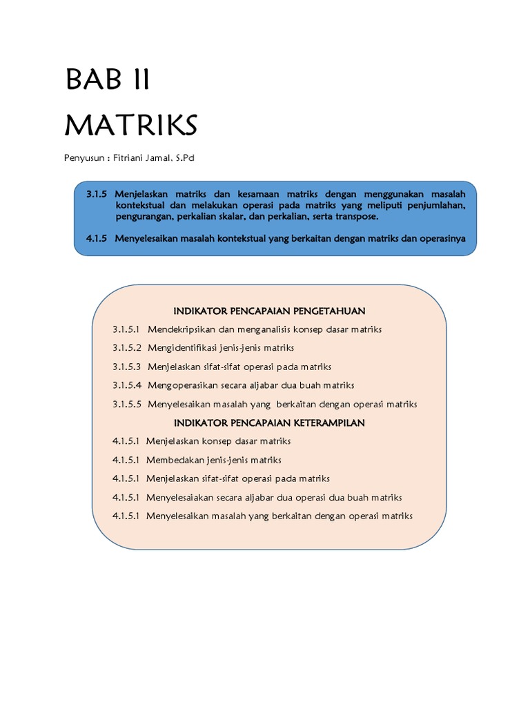 Bahan Ajar Konsep dan Operasi Matriks | PDF