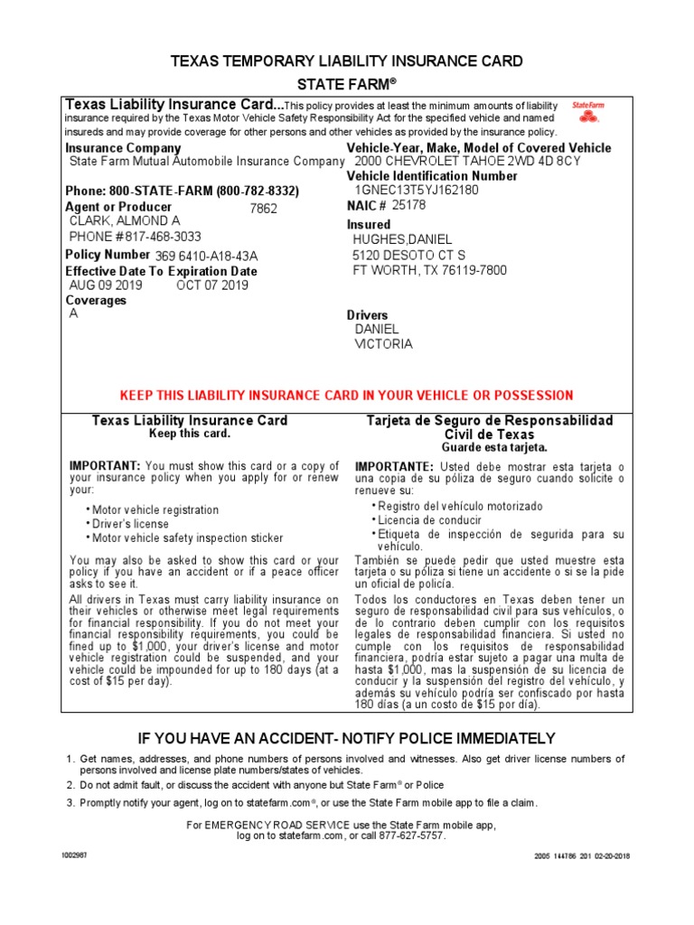 texas temporary liability insurance card state farm texas