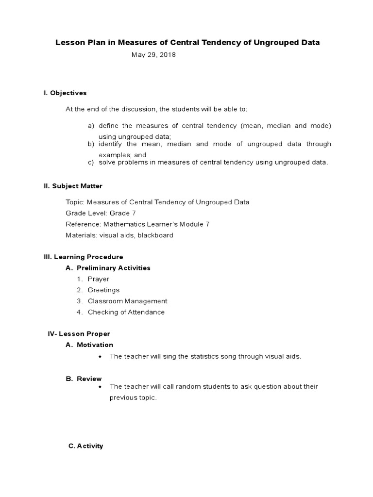 Lesson Plan in Measures of Central Tendency of Ungrouped Data | PDF ...