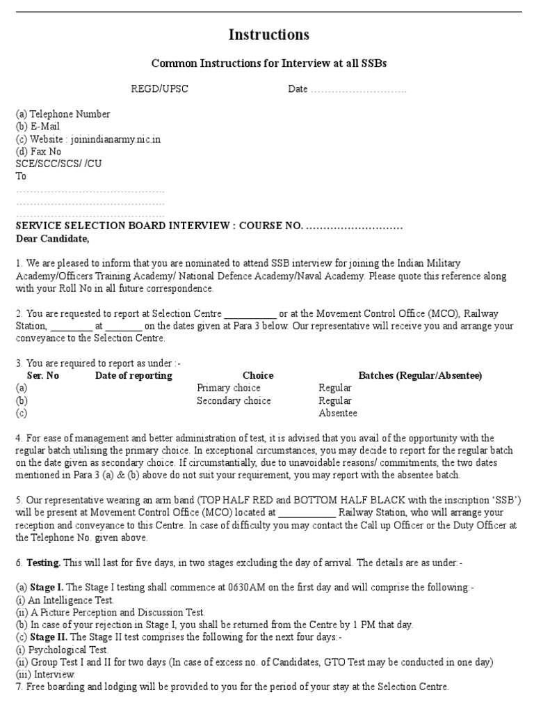 Instructions Common Instructions For Interview at All Ssbs PDF Test (Assessment