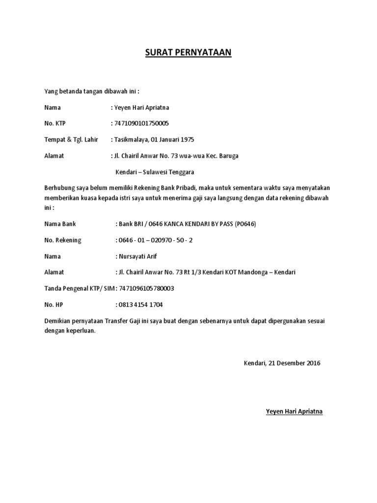 Surat Pernyataan Transfer Gaji Docx