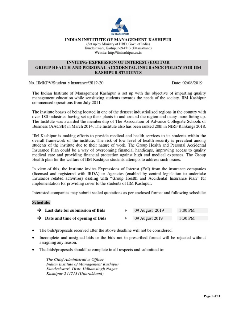 IIM Kashipur Student Insurance EOI | PDF | Insurance | Insurance Policy