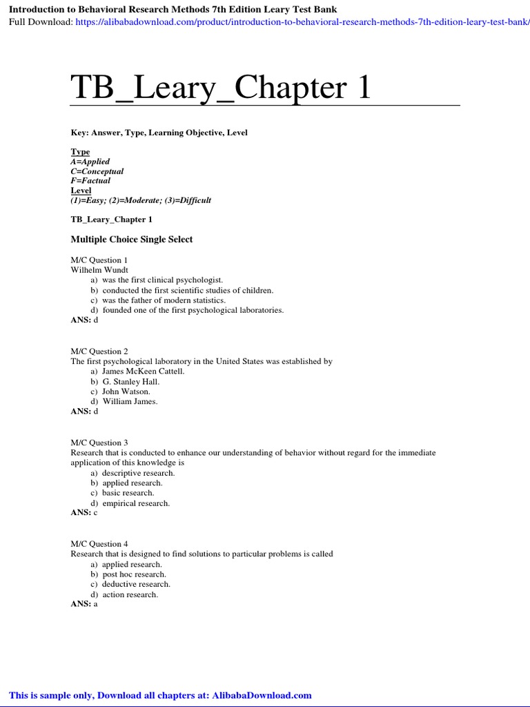 Introduction To Behavioral Research Methods 7th Edition Leary Test Bank ...