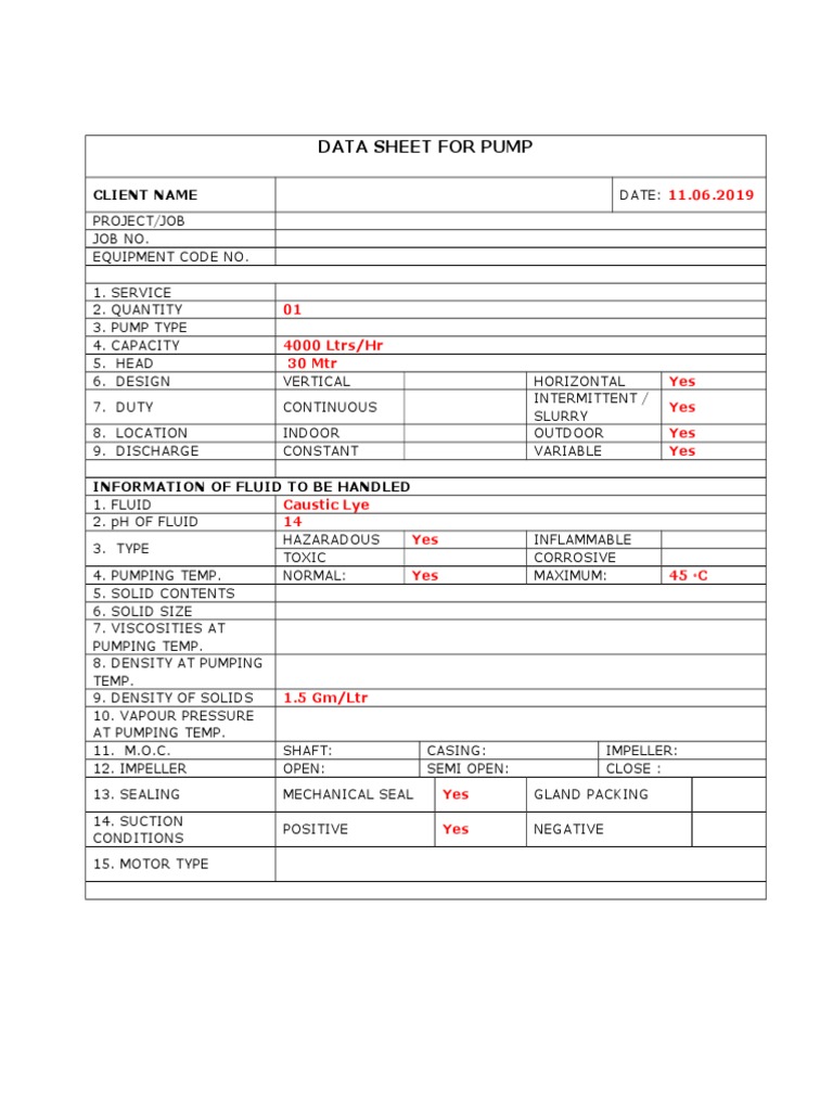 Pump Data Sheet for Hazardous Fluids | PDF