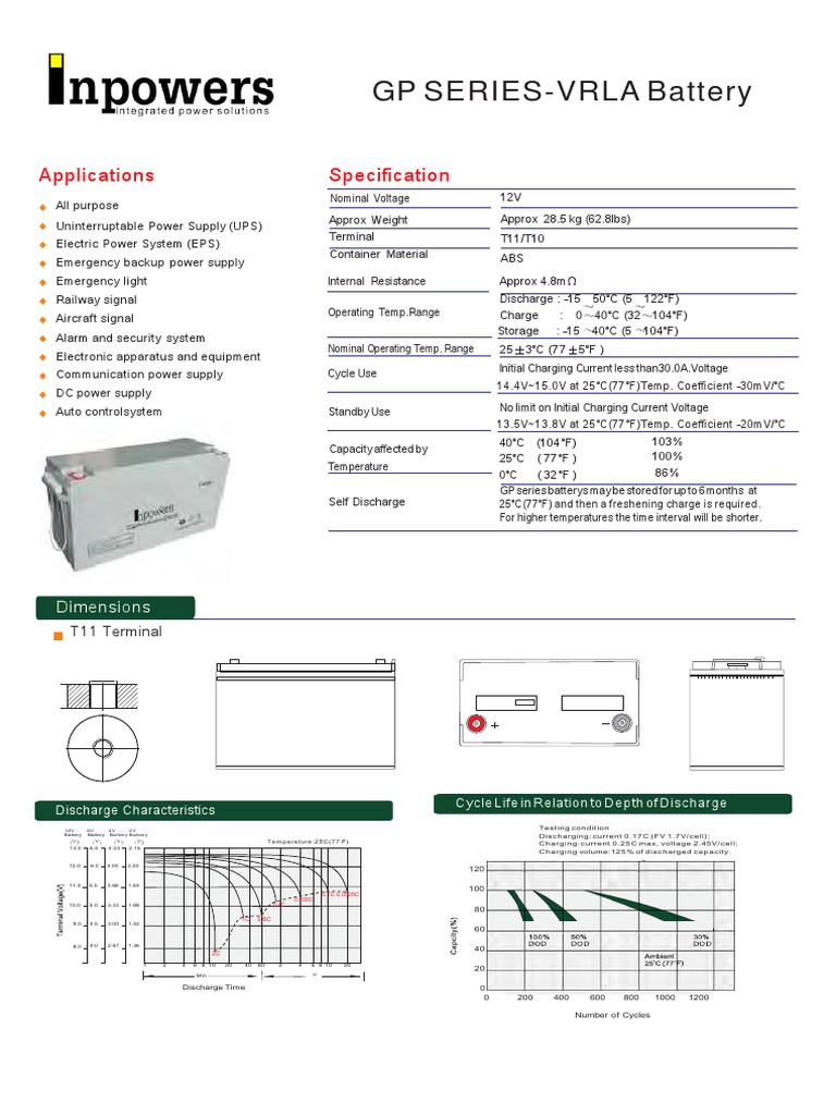 GP Series 12V VRLA AGM Battery Specs | PDF | Power Supply | Electric Power