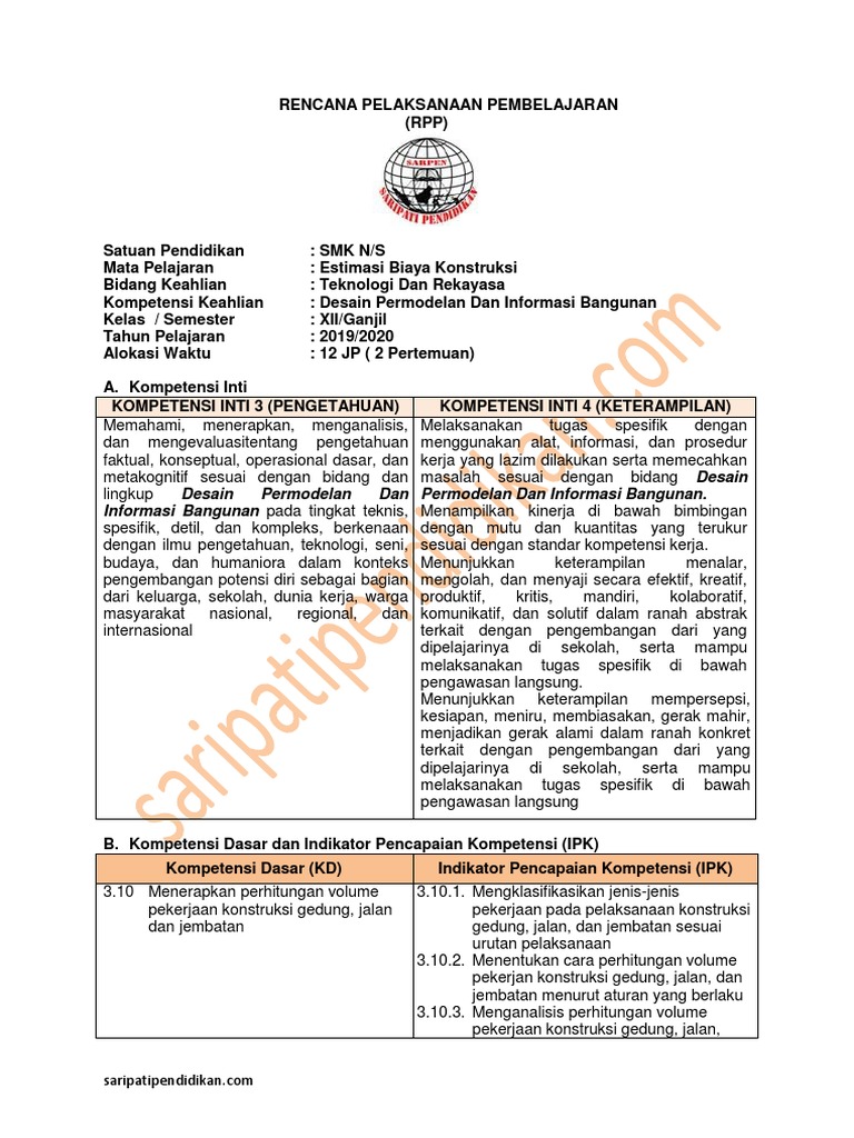 Rpp Estimasi Biaya Konstruksi 12 Smk Saripati Pendidikan Indonesia