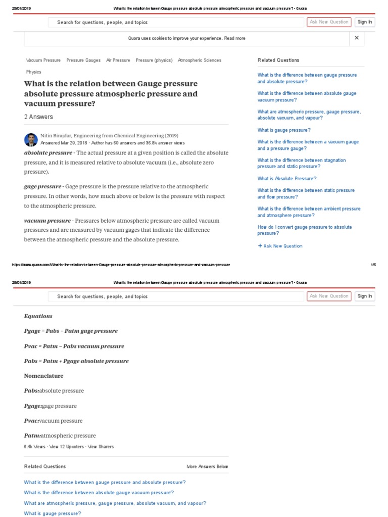 What Is The Relation Between Gauge Pressure Absolute Pressure Atmospheric Pressure and Vacuum
