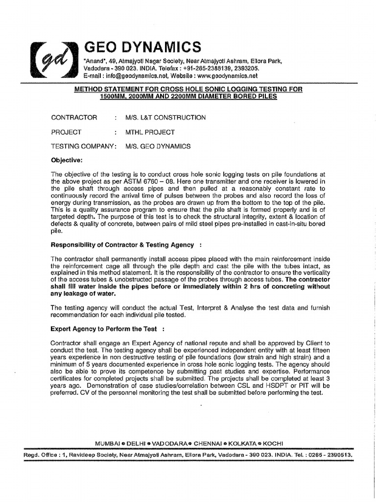 Method Statement - Cross Hole Sonic Test | PDF