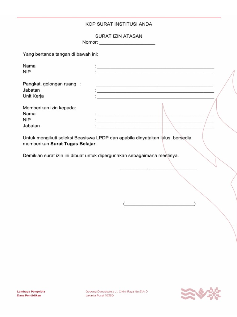 Surat Izin Atasan Untuk Mengikuti Seleksi Lpdp 2019 Semua Program Pdf