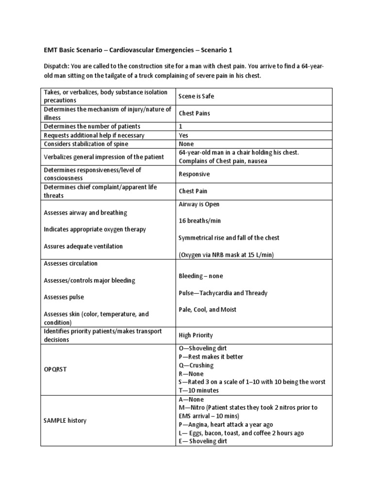 EMT Basic Scenario - Cardiovascular Emergencies - Scenario 1 | PDF ...