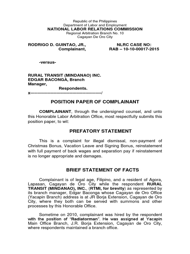 Position Paper of Complainant | PDF | Employment | Labour Law