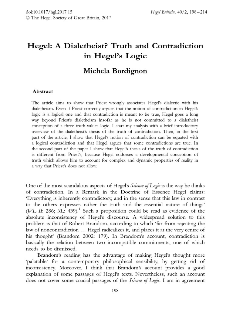 Hegel A Dialetheist Truth And Contradiction In Hegel S Logic Pdf