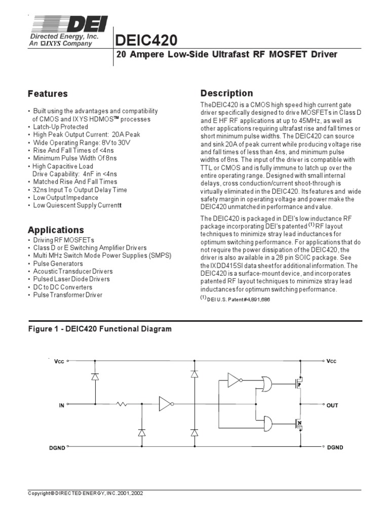 DEIC420 20 Ampere LowSide Ultrafast RF MOSFET Driver PDF Mosfet