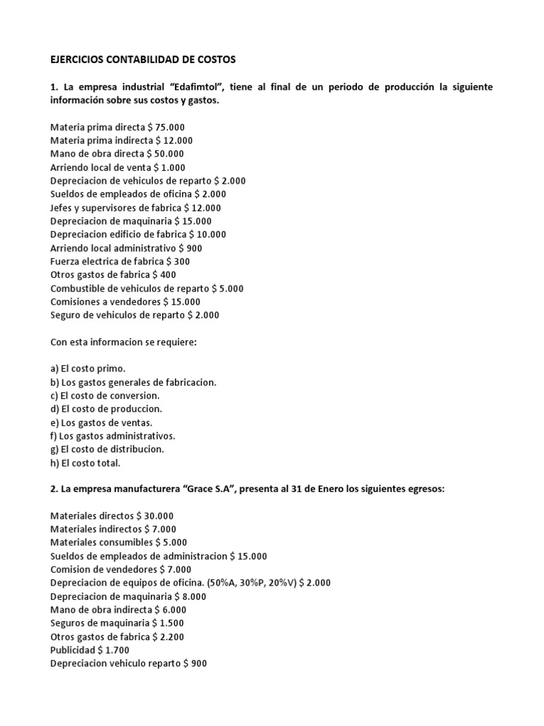 Ejercicios de Contabilidad de Costos | PDF | Costo | Depreciación