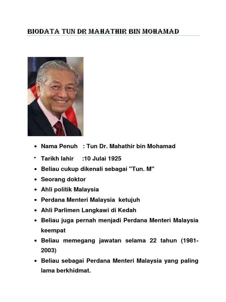 Biodata Tun Dr Mahathir Bin Mohamad Pdf