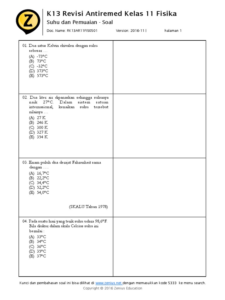 Contoh Soal Pemuaian Kelas 11 K13 Zenius - Soal Kita