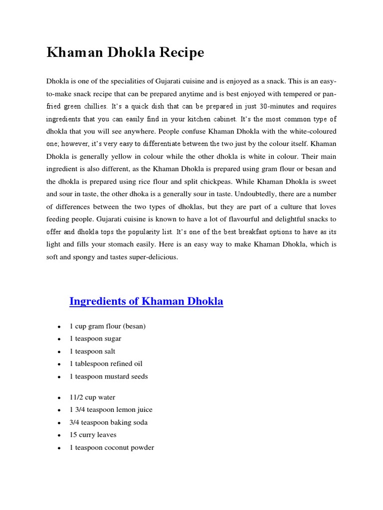 Khaman Dhokla Recipe | PDF | Curry | Food And Drink Preparation