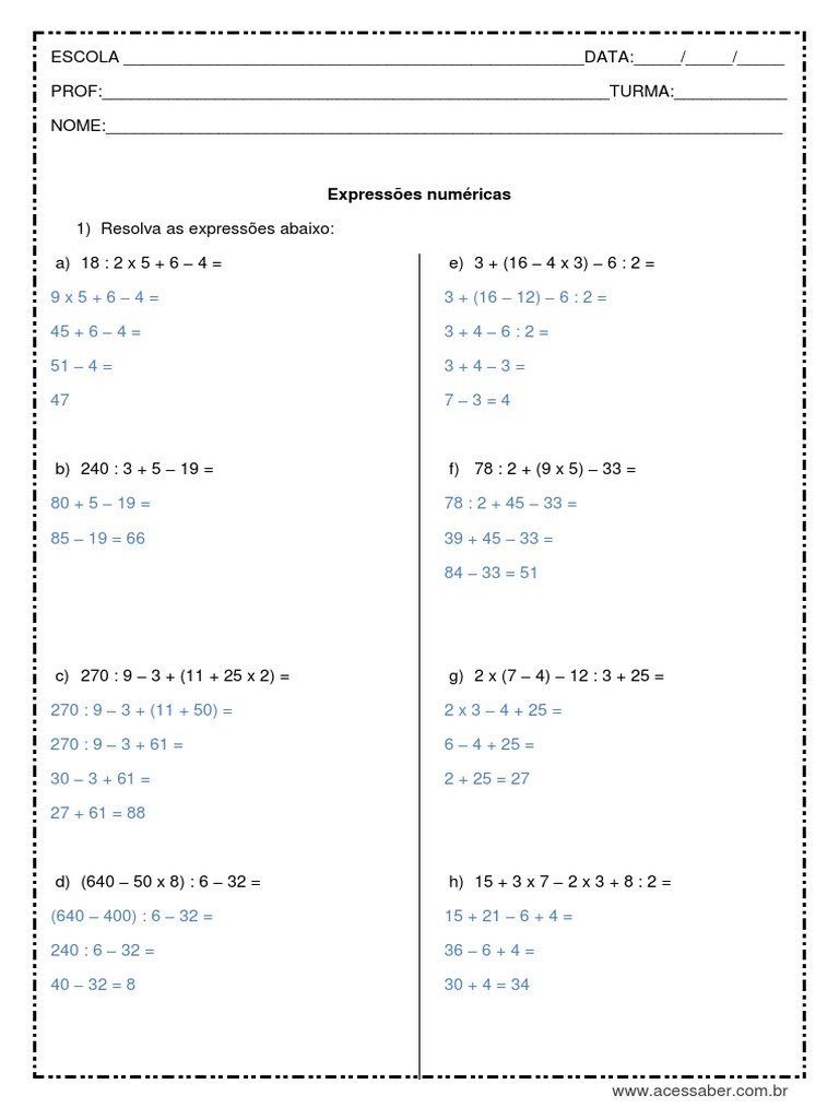Atividade de Matematica Expressoes Numericas 5º Ou 6º Ano Respostas PDF ...