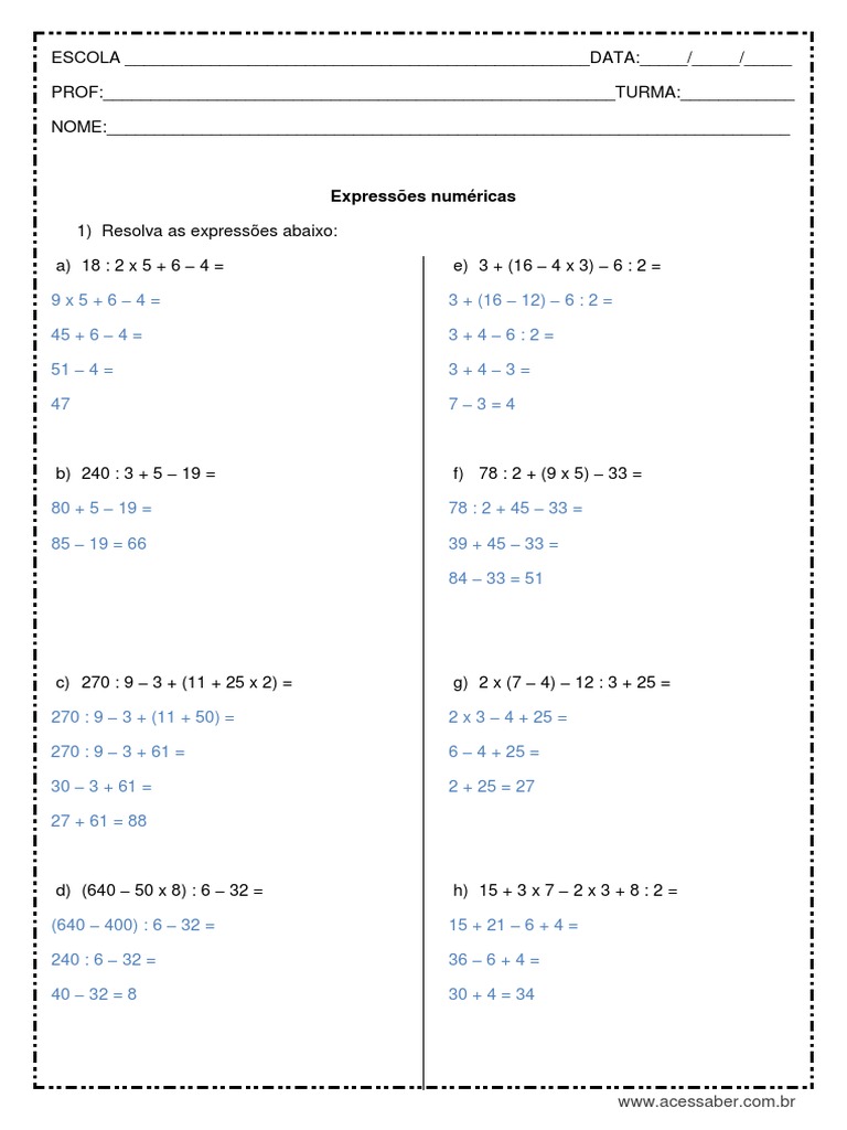 Atividade de matemática - as Quatro Operações Básicas - 4º ano – 5° ano -  Com gabarito