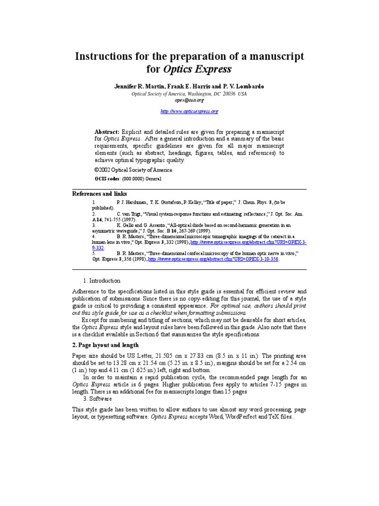 Instructions For The Preparation of A Manuscript For Optics Express