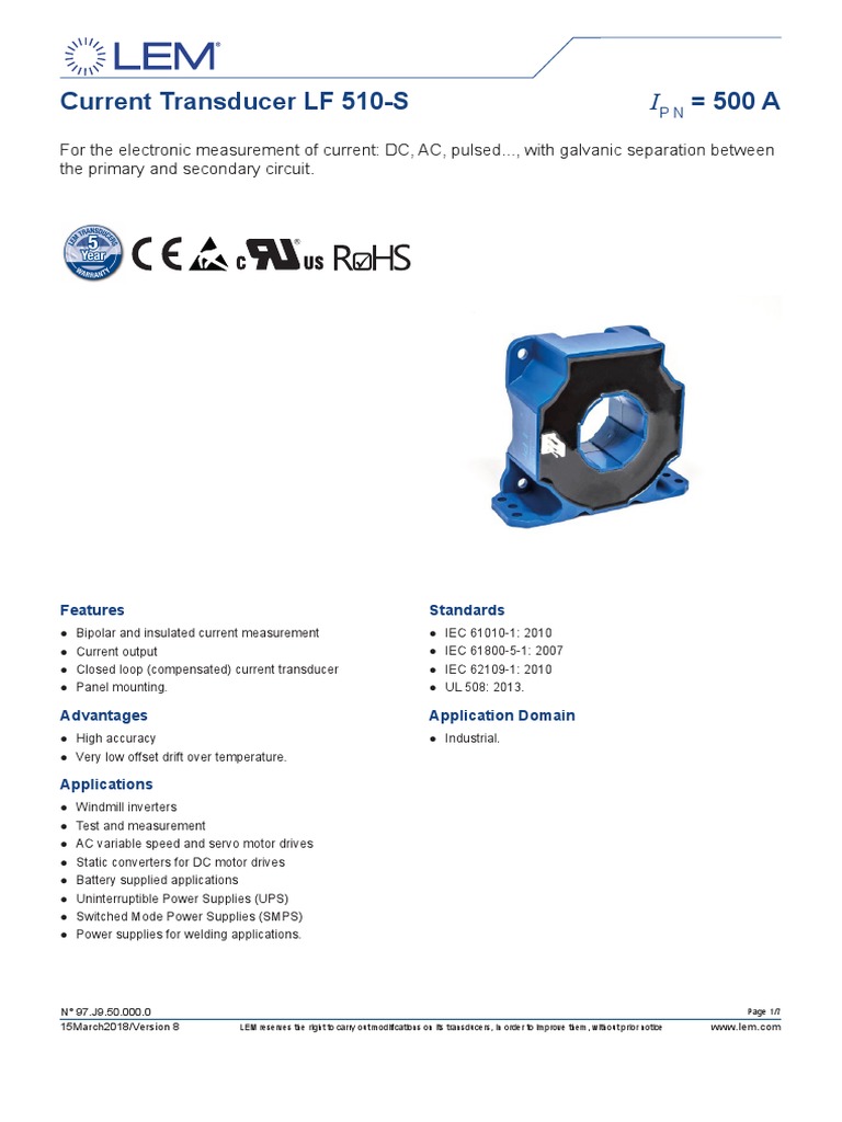 Current Transducer LF 510S 500 A PDF Power Supply Insulator (Electricity)
