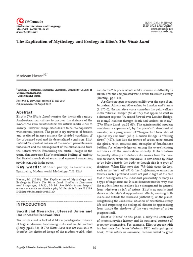The Explication Of Mythology And Ecology In Eliot S The Waste Land By Mariwan Hasan Pdf T S Eliot